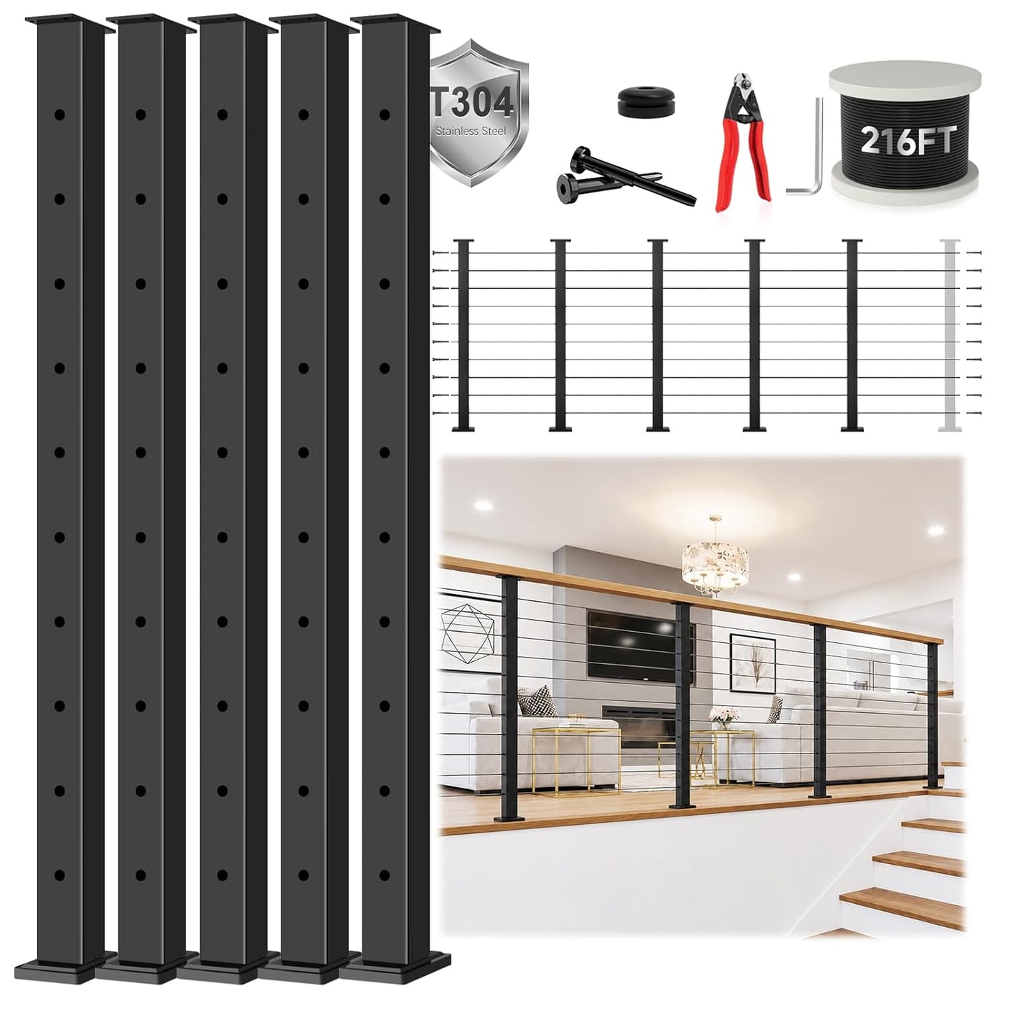 36" Modular 16-20FT Cable Railing Post Kit for Deck Surface Mount | 5 Level Post Kit, 1/8" Wire Rope, Swage Cable Railing Kit, T304 Cable Railing System, No Handrail, Length Adjustable, Black