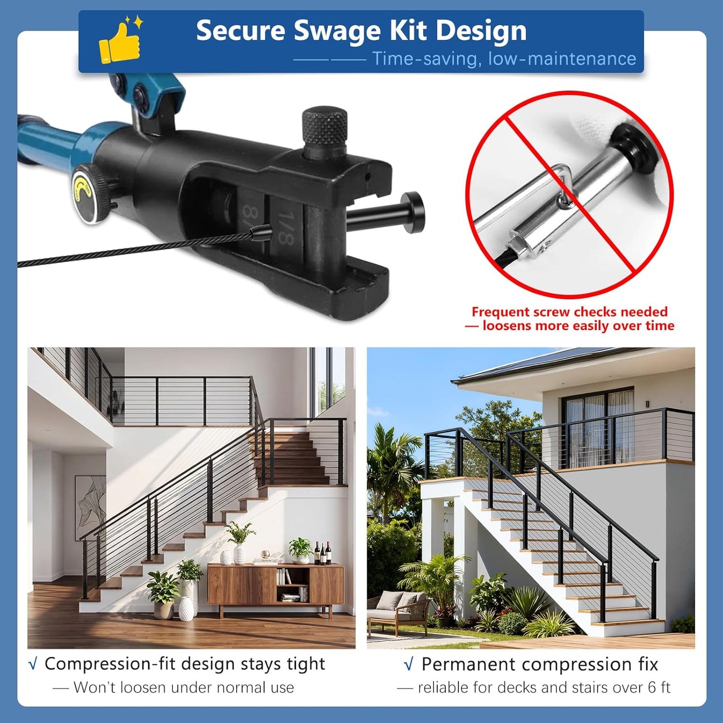 36" Modular 16-20FT Cable Railing Post Kit for Deck Surface Mount | 5 Level Post Kit, 1/8" Wire Rope, Swage Cable Railing Kit, T304 Cable Railing System, No Handrail, Length Adjustable, Black