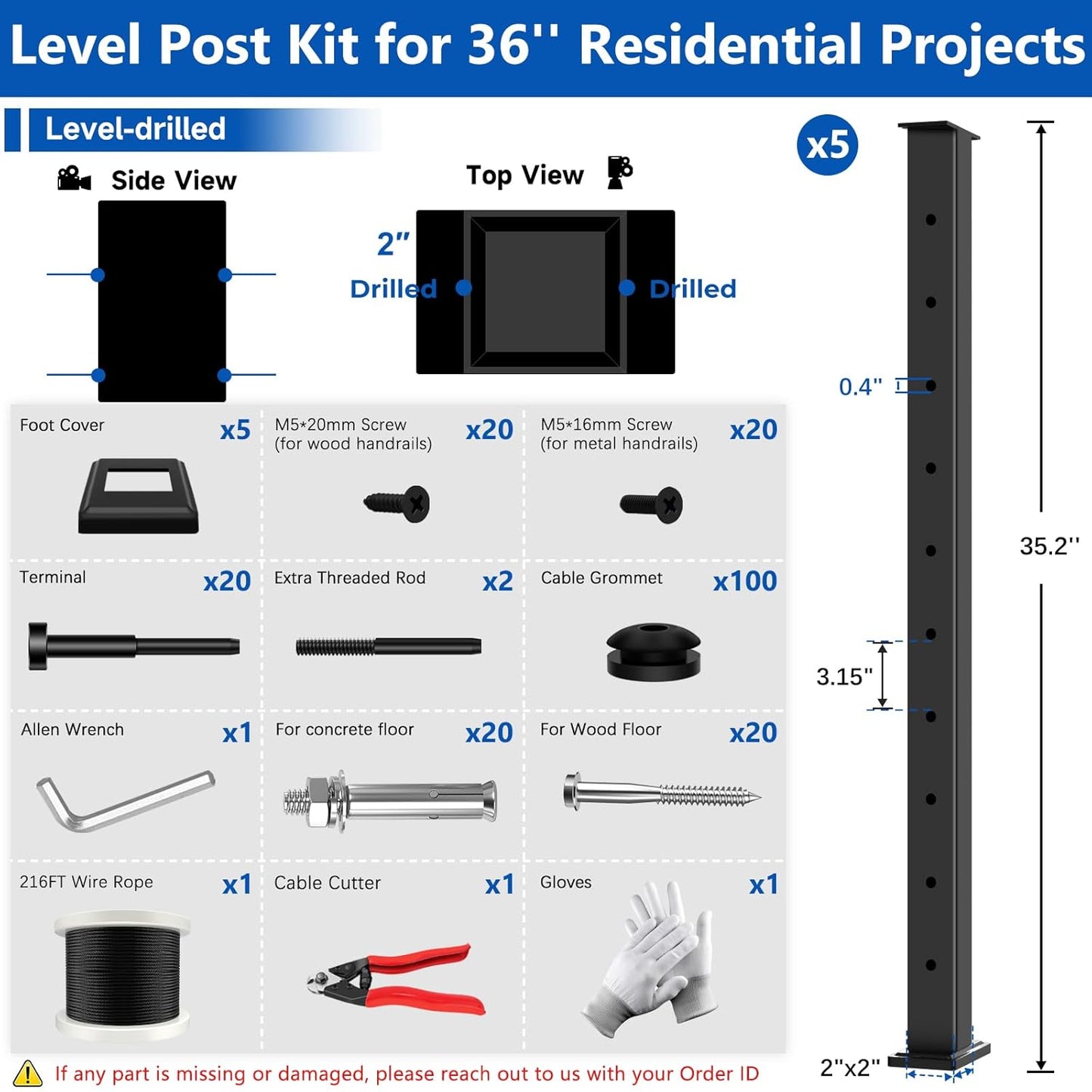 36" Modular 16-20FT Cable Railing Post Kit for Deck Surface Mount | 5 Level Post Kit, 1/8" Wire Rope, Swage Cable Railing Kit, T304 Cable Railing System, No Handrail, Length Adjustable, Black