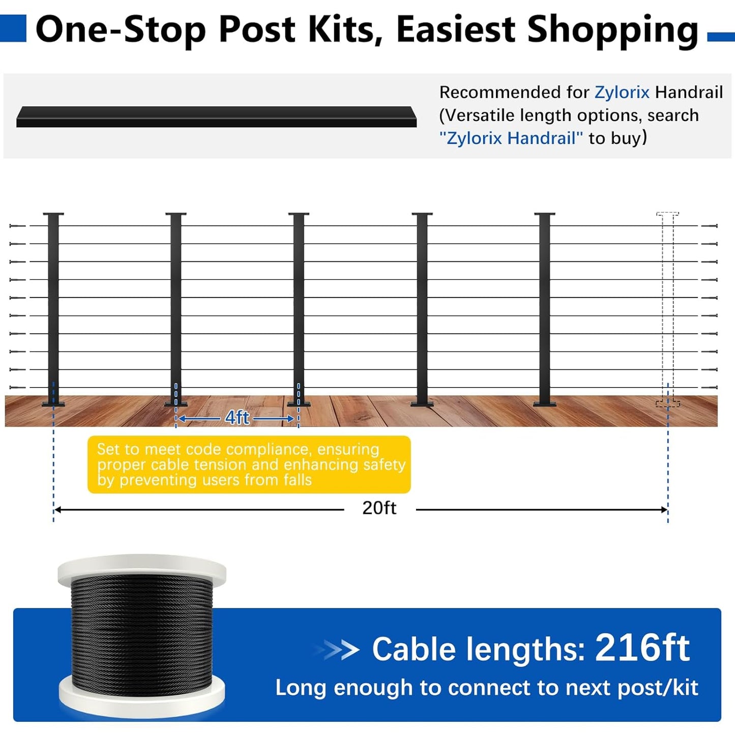 36" Modular 16-20FT Cable Railing Post Kit for Deck Surface Mount | 5 Level Post Kit, 1/8" Wire Rope, Swage Cable Railing Kit, T304 Cable Railing System, No Handrail, Length Adjustable, Black