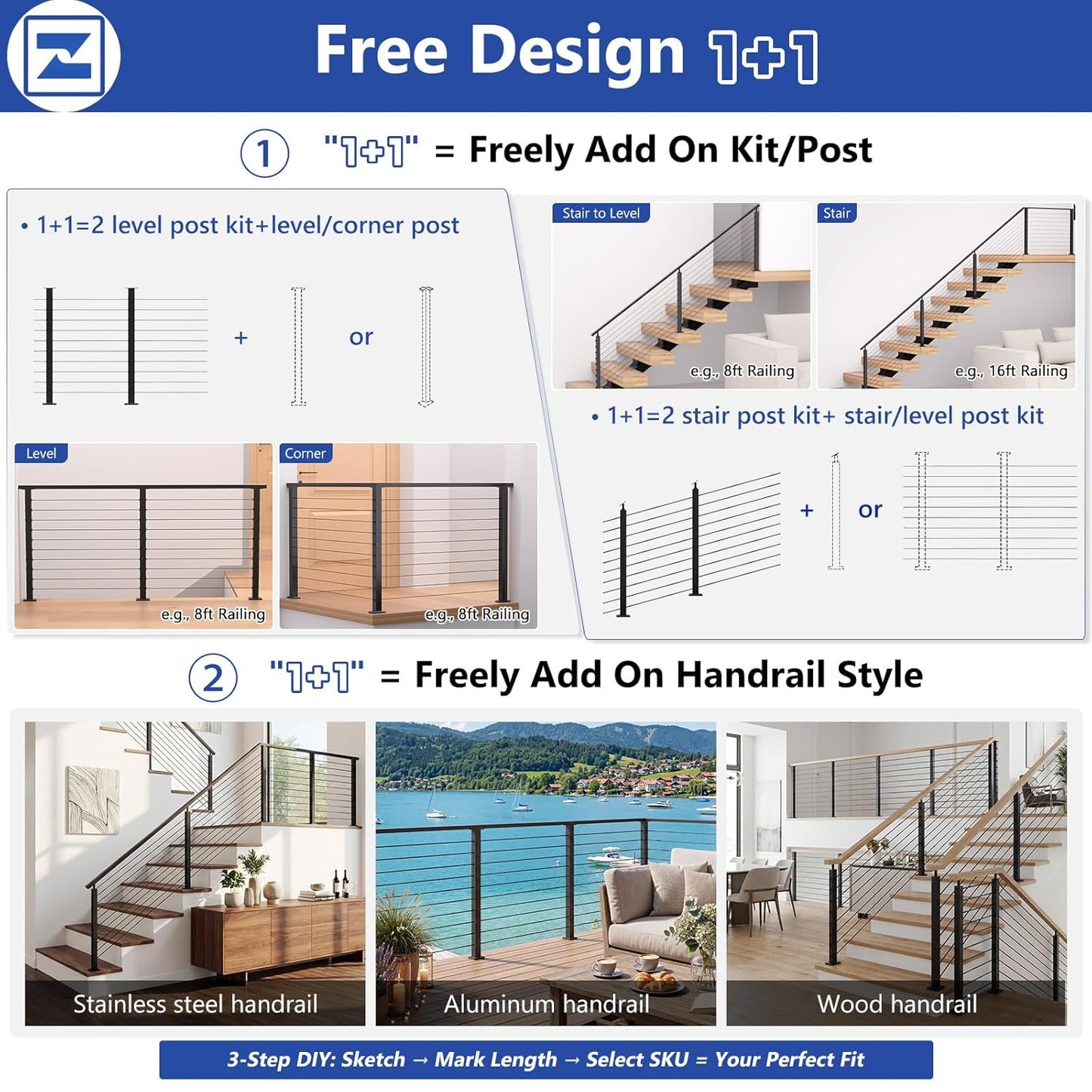 36" Modular 16-20FT Cable Railing Post Kit for Deck Surface Mount | 5 Level Post Kit, 1/8" Wire Rope, Swage Cable Railing Kit, T304 Cable Railing System, No Handrail, Length Adjustable, Black