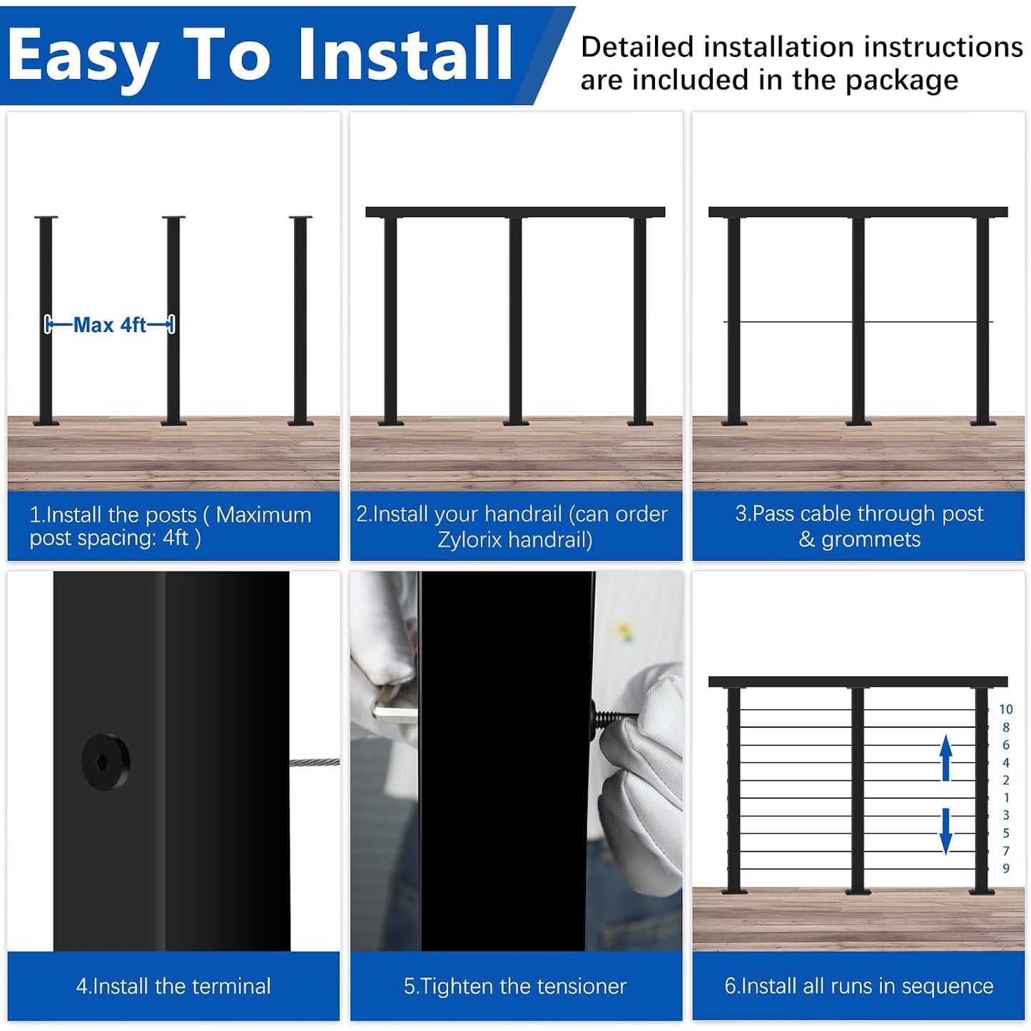 36" Modular 16-20FT Cable Railing Post Kit for Deck Surface Mount | 5 Level Post Kit, 1/8" Wire Rope, Swage Cable Railing Kit, T304 Cable Railing System, No Handrail, Length Adjustable, Black