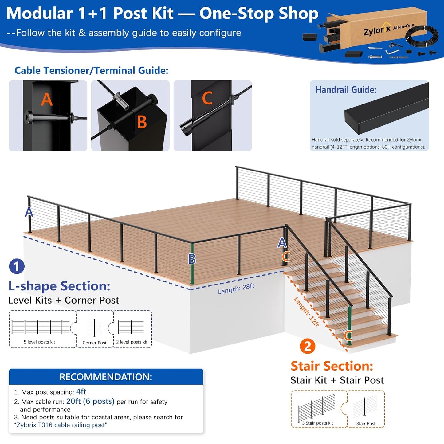 36" Modular 16-20FT Cable Railing Post Kit for Deck Surface Mount | 5 Level Post Kit, 1/8" Wire Rope, Swage Cable Railing Kit, T304 Cable Railing System, No Handrail, Length Adjustable, Black